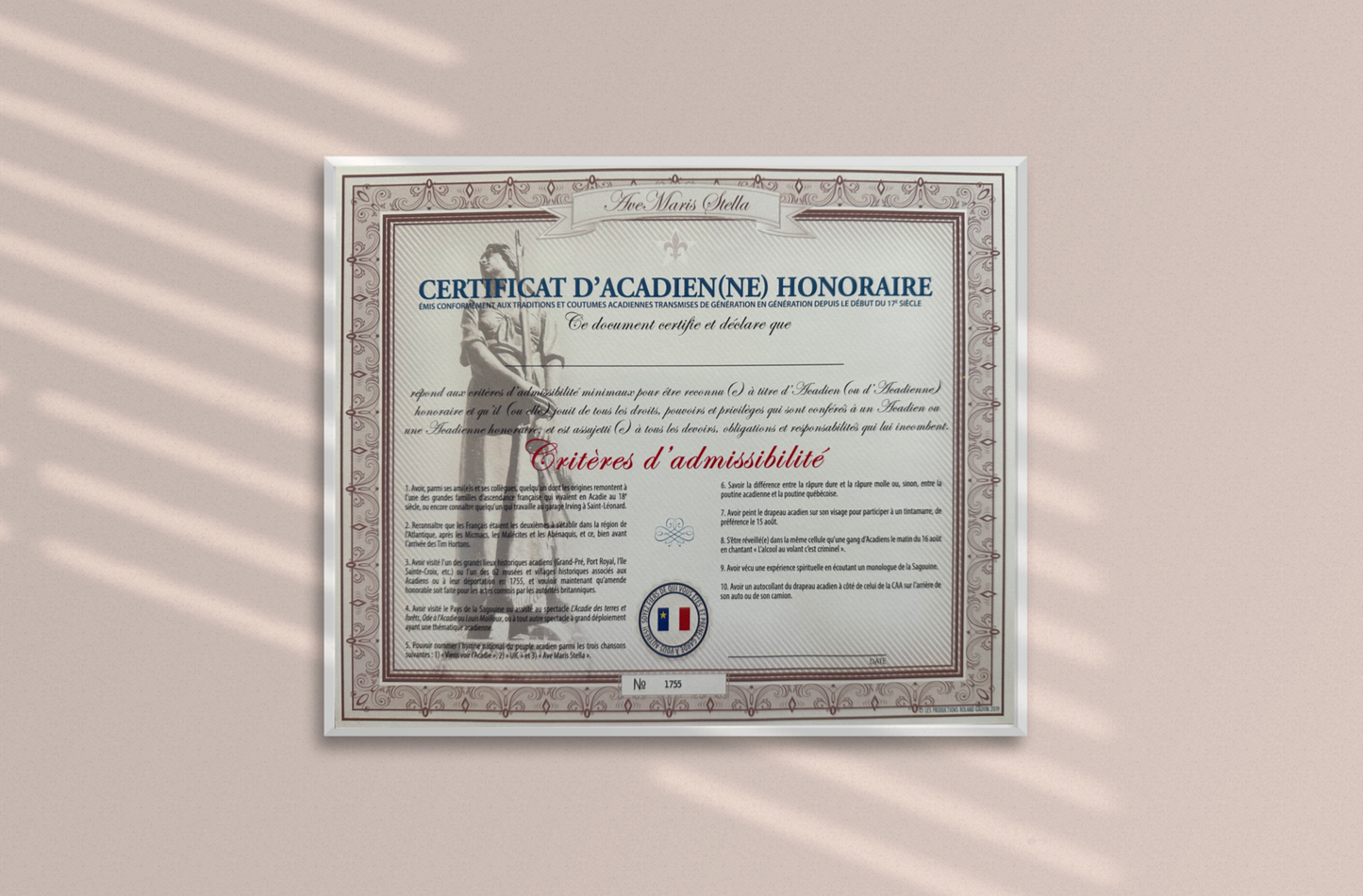 CERTIFICAT D'ACADIEN(NE) HONORAIRE