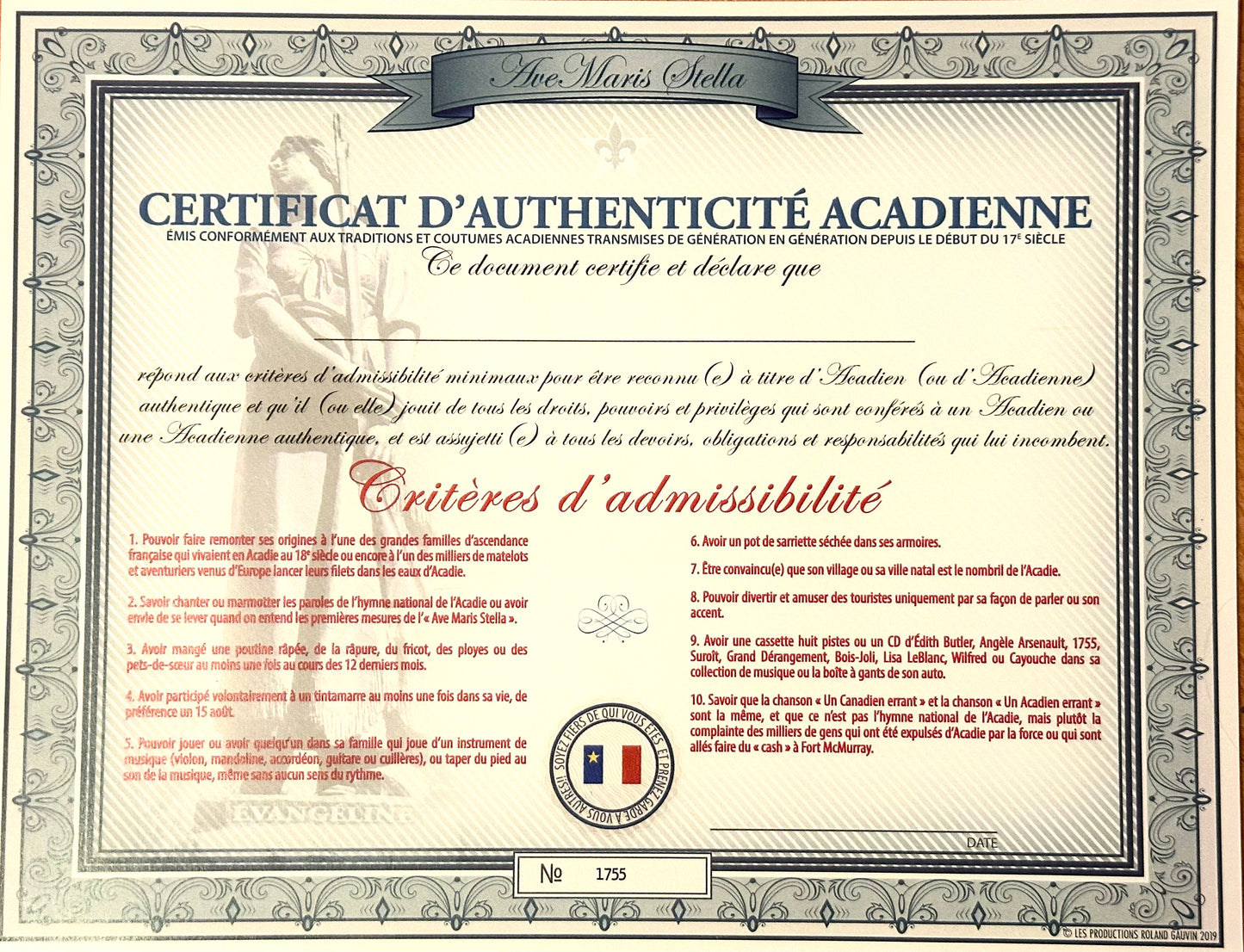 CERTIFICAT D'AUTHENTICITÉ ACADIENNE